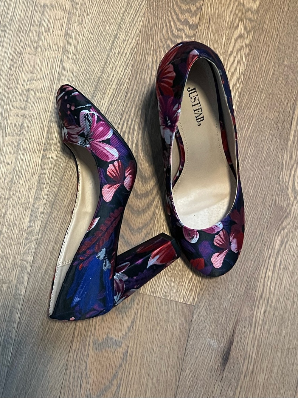 JustFab Black Floral Block Heel Pumps with Pink & Purple Accents